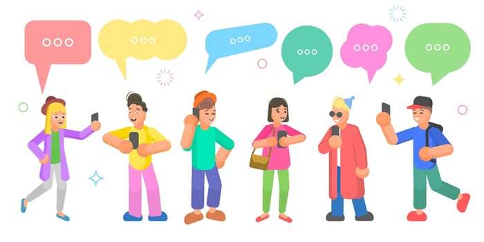 Isometric flat vector concept of chatting people, social network discussion, speech bubble communication.