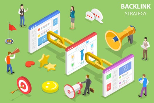 Isometric flat vector concept of backlink strategy, SEO link building.