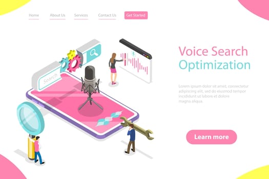Isometric flat vector landing page template of voice search optimization.