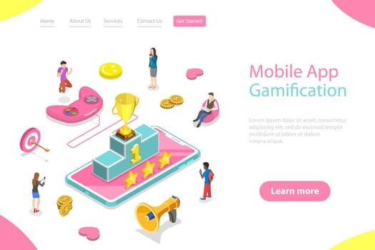 Isometric flat vector landing page template of interactive content .