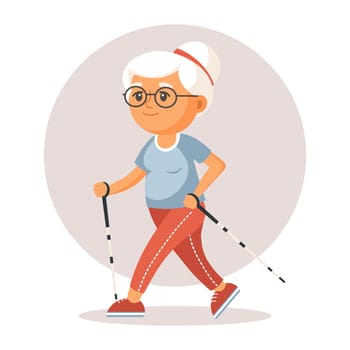 Happy old lady grandmother doing sports, yoga, walking. Elderly people exercising. Flat illustration in cartoon style, vector