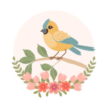 Cute cartoon birds on a branch in a flower frame. Greeting card design, spring illustration.