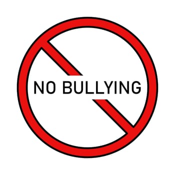 No bullying under prohibition sign vector icon. The inscription prohibiting bullying, violence, unfriendliness, aggression under the sign of the ban. Vector illustration.