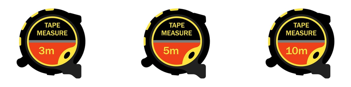 Construction tape measure vector set. Set of tape measure different lengths vector illustration. Construction measuring fixture in flat style isolated on white background. Stylish roulette.