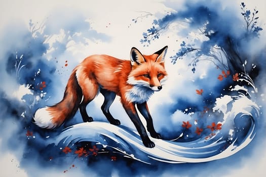A Painting of a Fox Standing on a Wave. Generative AI.