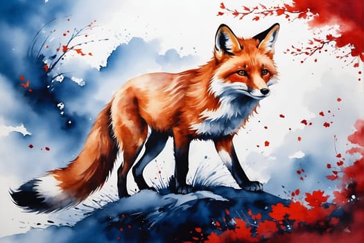Painting of a Fox Standing on a Hill. Generative AI.