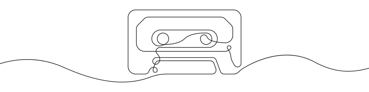 Cassette icon line continuous drawing vector. One line Cassette video player icon vector background. Vintage cassette icon. Continuous outline of a Tape cassette retro icon.