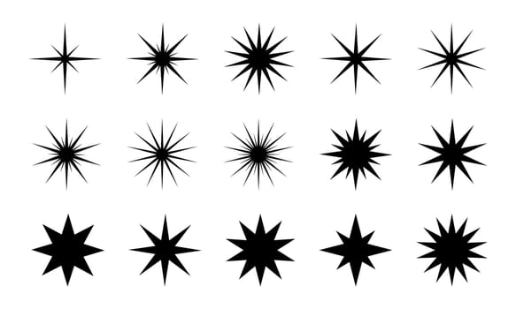 Black stars icons. Sun, sparkle, twinkle, starburst, bling, stardust signs. Flash, flare, glare, light, firework, explosion, radiance magic symbols. Trendy vintage y2k pictograms
