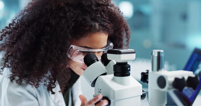 Laptop, woman or scientist in lab with microscope or research for chemistry report or medical test. Bacteria, person typing or science update for online medicine development or virus news on website