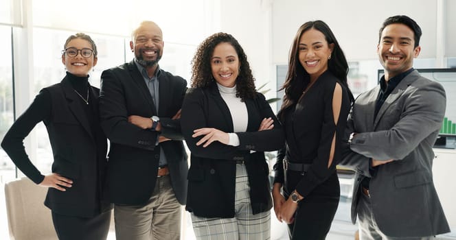 Business people, group and arms crossed in office, face and smile at law firm, justice and diversity. Corporate attorney, advocate and teamwork for men, women and happy together for legal knowledge