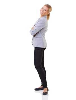 Portrait, smile and arms crossed with business woman in studio isolated on white background for comedy. Happy, funny or laughing with confident young employee in professional suit for corporate work