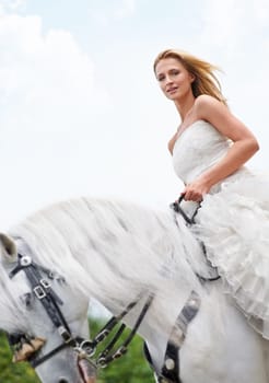 Wedding, woman and portrait with riding horse outdoor on grass for celebration, marriage or confidence on mockup. Bride, face and stallion on lawn in field with smile, dress and animal at ceremony