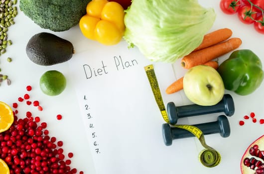 Diet plan, menu or program, tape measure, dumbbells, top view