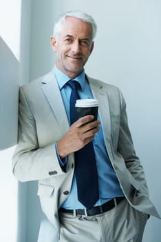 CEO, portrait and business man with coffee in office, smile and professional consultant in suit. Happy, manager and senior entrepreneur with drink, latte or espresso for boss of company in Australia