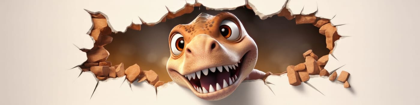 Cute T-Rex 3D peeking out of a hole in wall, torn hole, empty copy space frame, mockup on banner