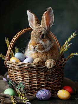 Cute Easter bunny in basket with eggs on dark background. AI generation