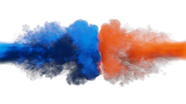 Puffs of blue and red smoke collide against a white background. 3d illustration.
