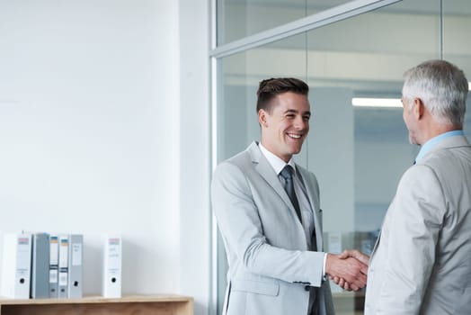 Businessman, smile and shaking hands with CEO, manager and suit for deal or promotion. Man, consult and hand for contract agreement, interview and leadership for agency and office partnership