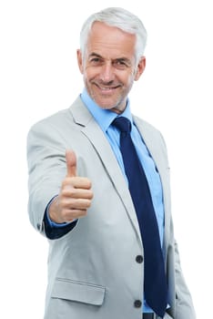 Senior businessman, portrait and thumbs up for approval in studio, agreement and thank you or great. Male person, ceo and happy entrepreneur on white background, positive feedback and promotion