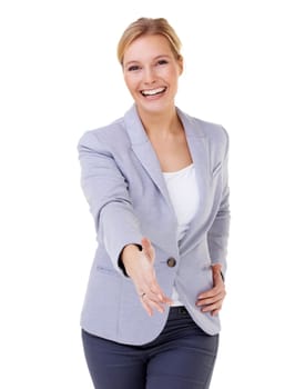 Portrait, smile and handshake with business woman in studio isolated on white background for welcome. Thank you, partnership or interview with young human resources employee shaking hands for deal
