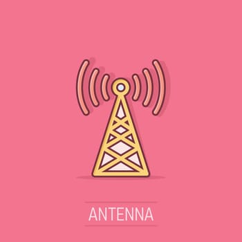 Antenna tower icon in comic style. Broadcasting cartoon vector illustration on isolated background. Wifi splash effect business concept.
