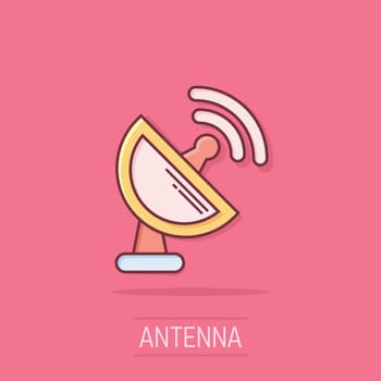 Satellite antenna tower icon in comic style. Broadcasting cartoon
