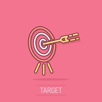 Target icon in comic style. Darts game cartoon vector illustration on isolated background. Aim arrow splash effect business concept.
