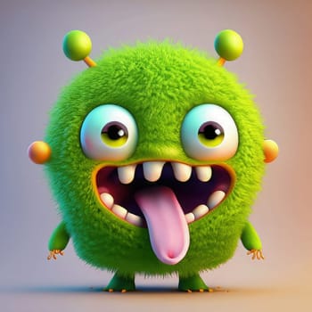 Funny green monster with big eyes. Cartoon character. 3d rendering.