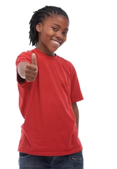 Boy, child and portrait with smile and thumbs up for yes or feedback, review and OK on white background. Support, vote and happy, hand gesture or like emoji in studio with thanks you or praise