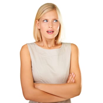 Confused, thinking and woman with crossed arms on a white background for choice, option and decision. Facial expression, reaction and isolated person with unsure, doubt and attitude in studio