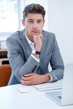 Portrait, thinking and business with man, laptop and confident guy in a workplace and accountant. Face, person or broker with computer or internet with opportunity and problem solving with connection