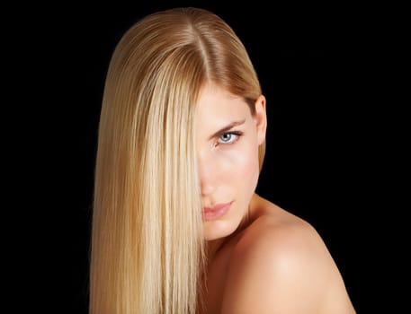 Beauty, hair and portrait of woman with keratin, salon care and straight hairstyle isolated in dark studio. Styling, treatment and face of blonde girl with healthy haircare shine on black background.