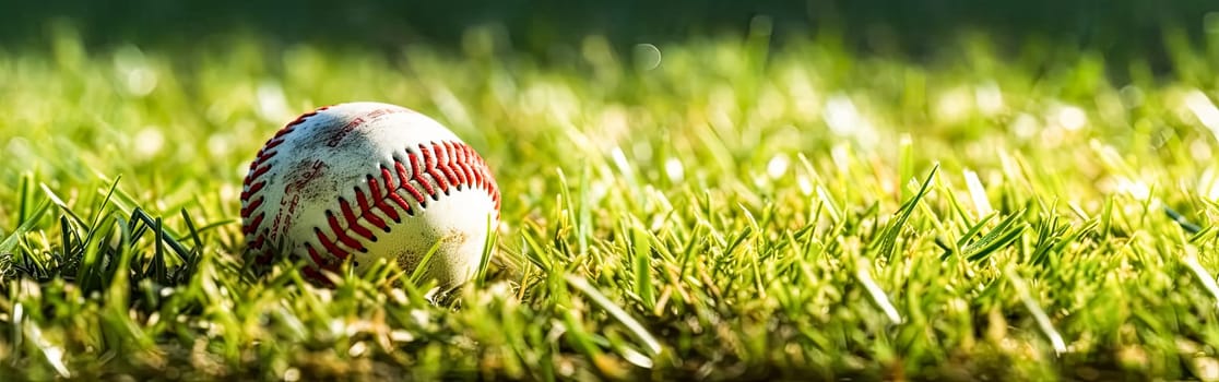 A baseball rests peacefully in the lush green grass