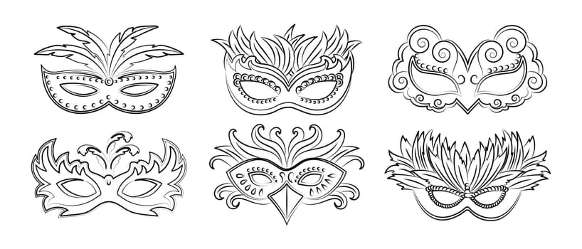 Masquerade carnival masks, outline drawing set. Illustration, sketch for coloring