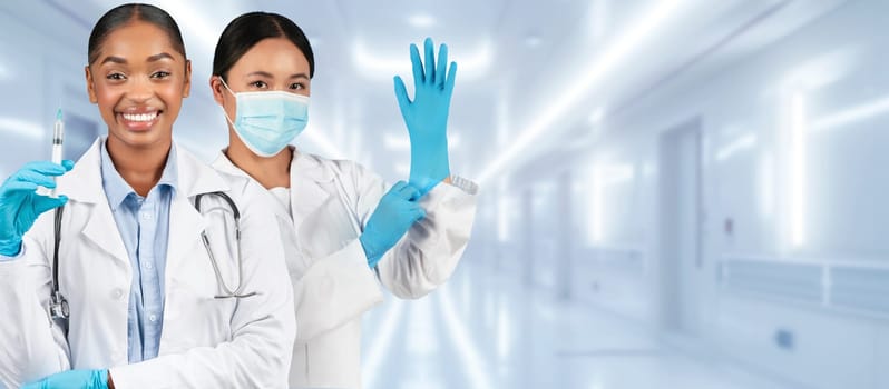 Two professional healthcare workers in white lab coats and protective face masks