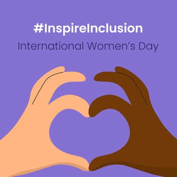 Inspire Inclusion slogan International Women's Day 8 march 2024. Iwd world campaign. Vector woman's hands on heart gesture on white background.