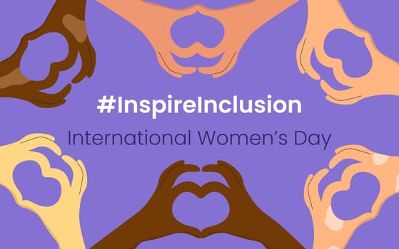 Inspire Inclusion slogan International Women's Day 8 march 2024. Iwd world campaign. Vector women's hands on heart gesture on violet background