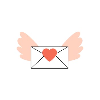 Flying love letter with wings and red heart for stamp. Valentines day vector