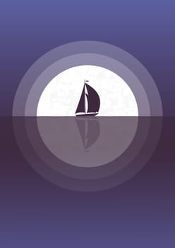 Sailboat in the sea under full moon vector illustration. Nordic seaside landscape in flat style.