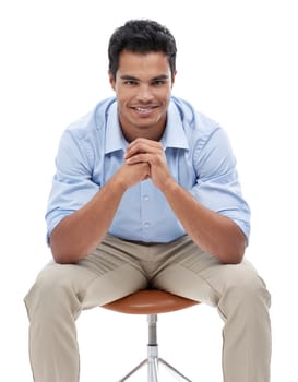 Business man, portrait and happy in studio, corporate employee and career in sales on white background. Professional, positivity and pride with smile, salesman sitting in chair and confidence