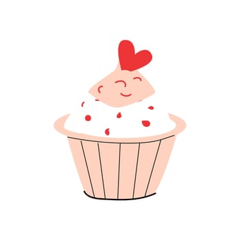 White cupcake with pink cream and red heart vector illustration