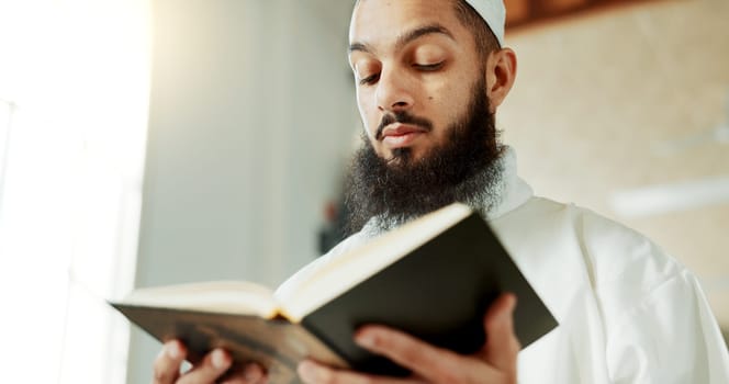 Islamic man, reading quran and mosque with faith, reading and mindfulness with worship, search and study. Muslim person, religion and peace with book, page and thinking with meditation in Palestine