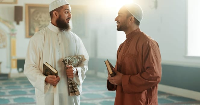 Islam, men and talking in mosque for religion advice, spirituality or learning Friday prayer to God. Muslim friends, people or community for culture, Eid Mubarak or praise Allah as revert and leader