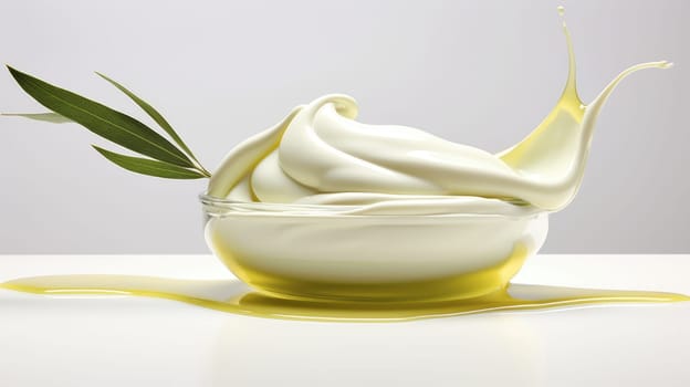 Jar of cream with olive oil extract on light background