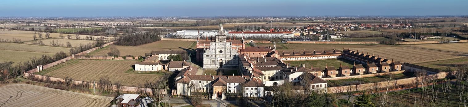Panoramic view of Certosa of Pavia monastery and sanctuary