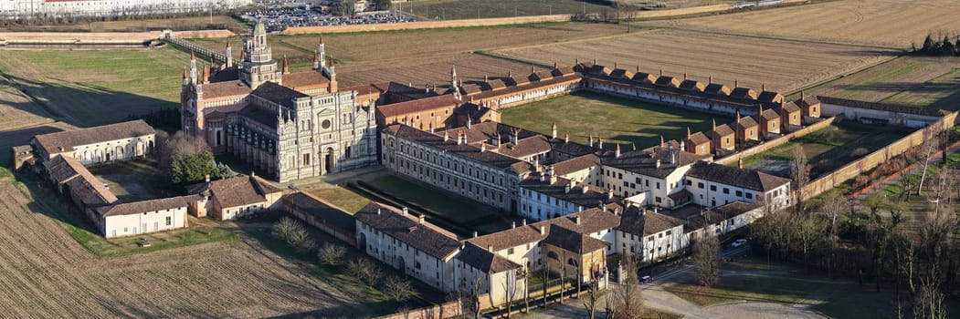 Aerial view of Certosa of Pavia monastery and sanctuary