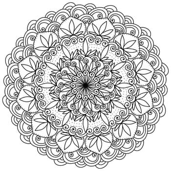 Abstract mandala with lotus flowers and ornate patterns, kids and adults coloring page vector illustration