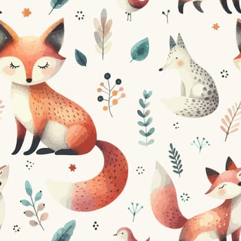 Seamless pattern with cute fox. Hand Drawn vector illustration.