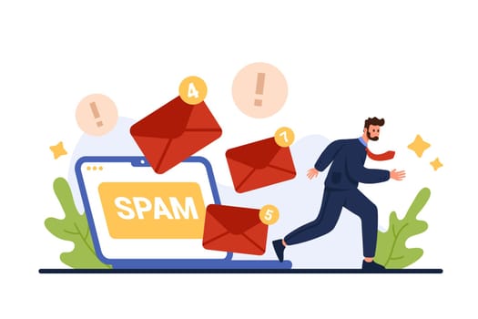 Email spam overload, many junk mails reduce efficiency and productivity of businessman