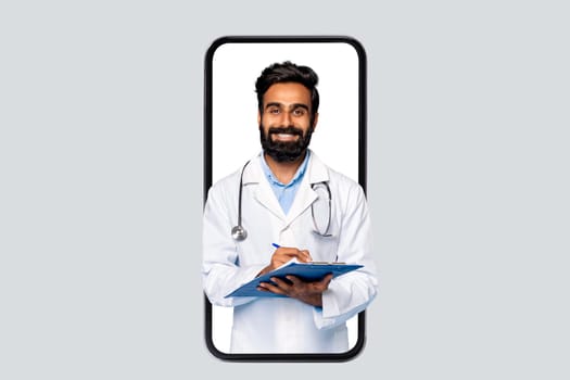 Indian male doctor with clipboard in smartphone frame